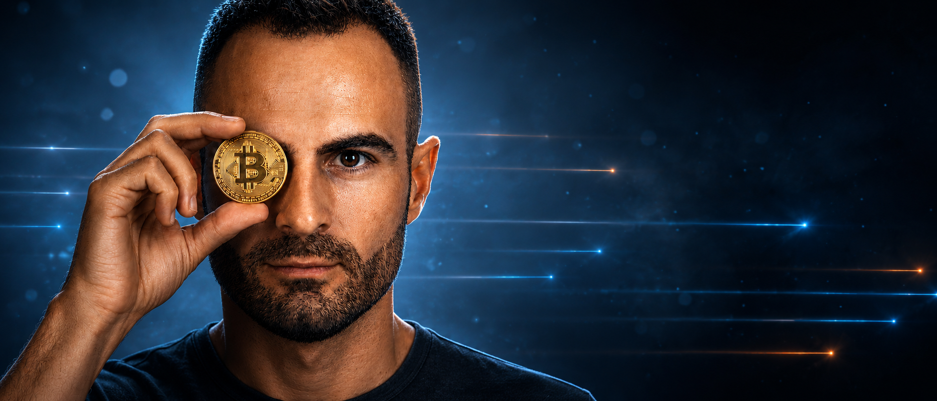 Miguel Cánovas Ponce sosteniendo una moneda de Bitcoin